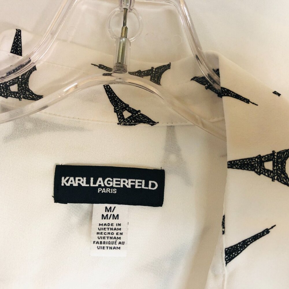 Karl Lagerfeld Women's Size Medium Eiffel Tower Print Button Up Blouse Top - Picture 3 of 5